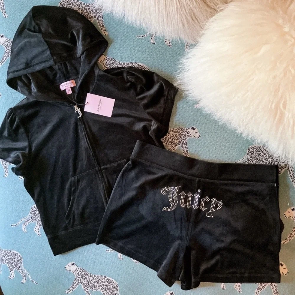 💍 JUICY COUTURE Velour Tracksuit Set 90s Y2K Licorice Black LARGE Shorts - Picture 3 of 6